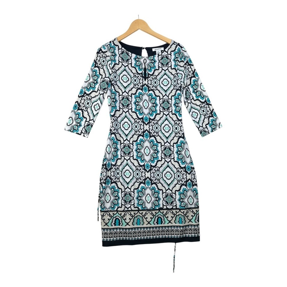 Liz Claiborne Sheath Dress Floral Print Keyhole 3/4 Sleeve Career M